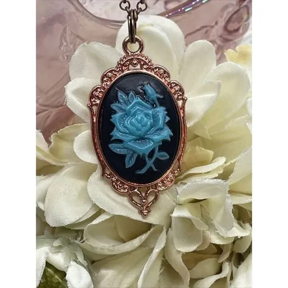 Black teal Turquoise Necklace Easter Mom Cameo Mom Rose Gold wedding Jewelry - Picture 1 of 13
